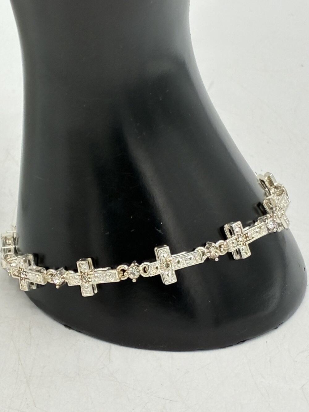 Avon Silver Tone Rhinestone Cross Link Bracelet Signed Religious Tennis Style